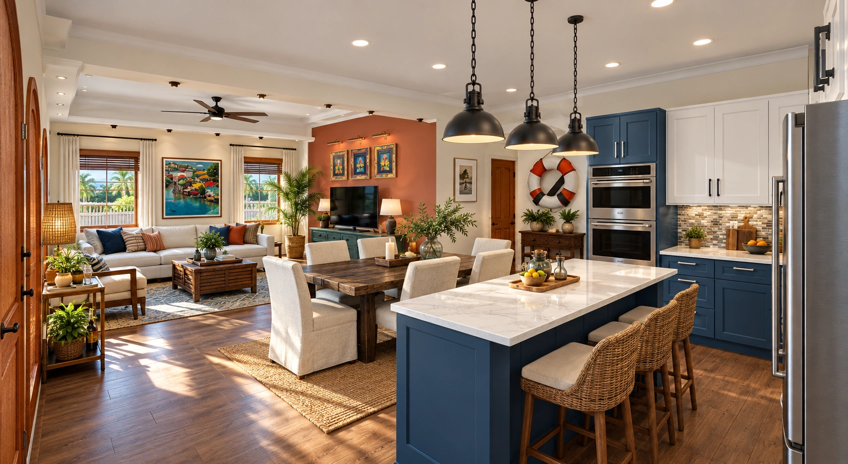Visualization of the Miami home’s open kitchen, dining area and living room, with blue cabinetry and warm wood finishes.