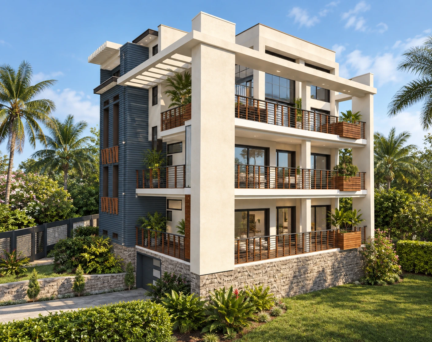 Florida Condominium exterior with balconies and tropical landscaping